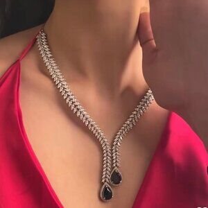 Sparkling American Diamond Necklace Set with Black Teardrop Earrings, CZ Bridal